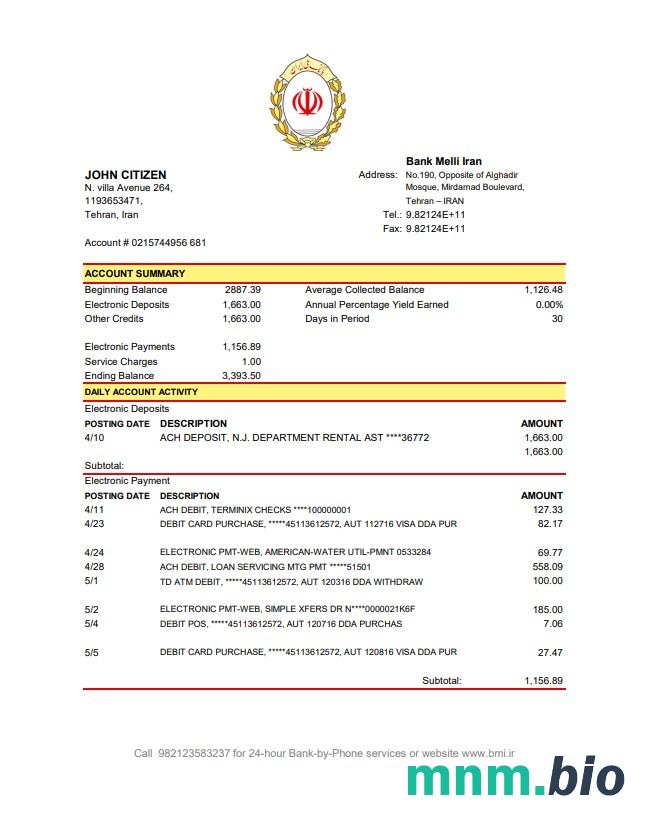 Iran Bank Sepah szablon oświadczenia w programie Word i PDF